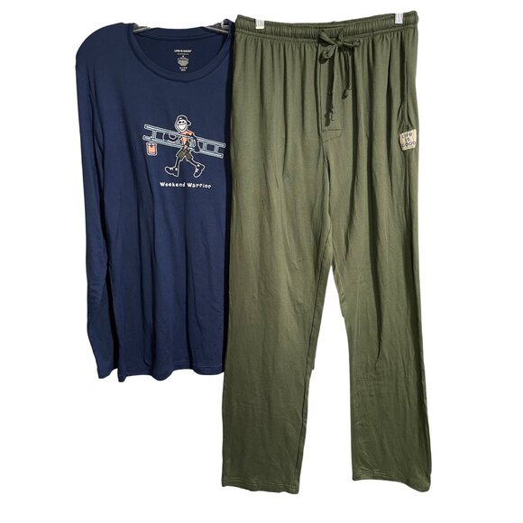 Life Is Good Mens Weekend Warrior Blue Shirt & Olive Green Pants Sleepwear M - Picture 1 of 10